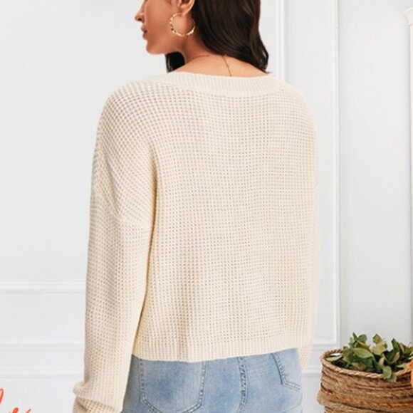 MIROL Women's Waffle Knit Cropped V Neck Pullover Sweater - Size Small - Picture 3 of 10